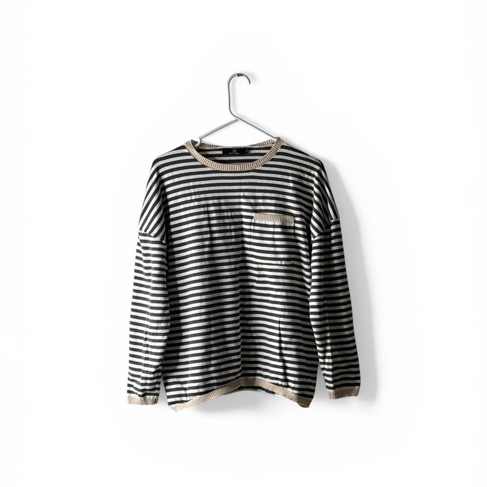 Striped Black & Cream Knit Sweater with Chest Pocket